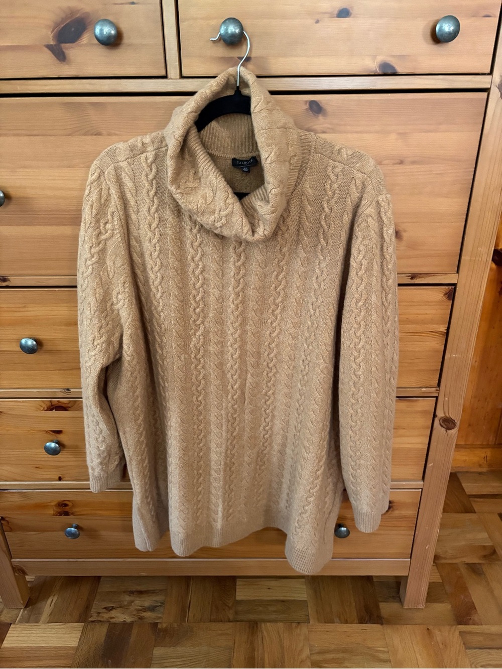 Talbots Cable Knit Cashmere Cowl Neck Sweater in Camel Brown